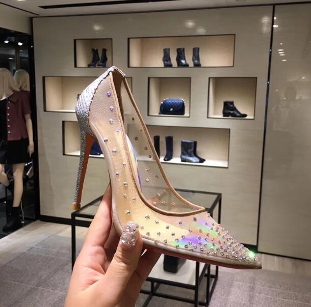 

Women's Wedding Marry Dress Shoes Flat High Heels Red Bottom Pumps Follies Strass Degrastrass Imported mesh+rhinestone Party Evening Shoes size 34-40 with box, Gold transparent