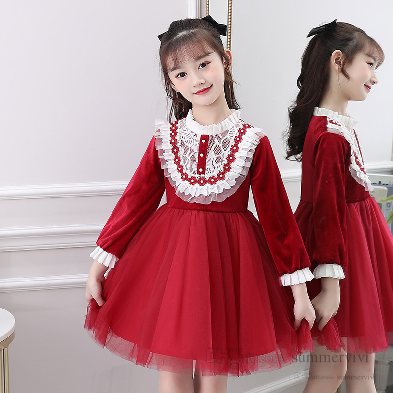 

Children christmas party dresses girls beaded lace embroidery flowers dress kids ruffle collar falbala sleeve gauze princess clothing Q3226, Green