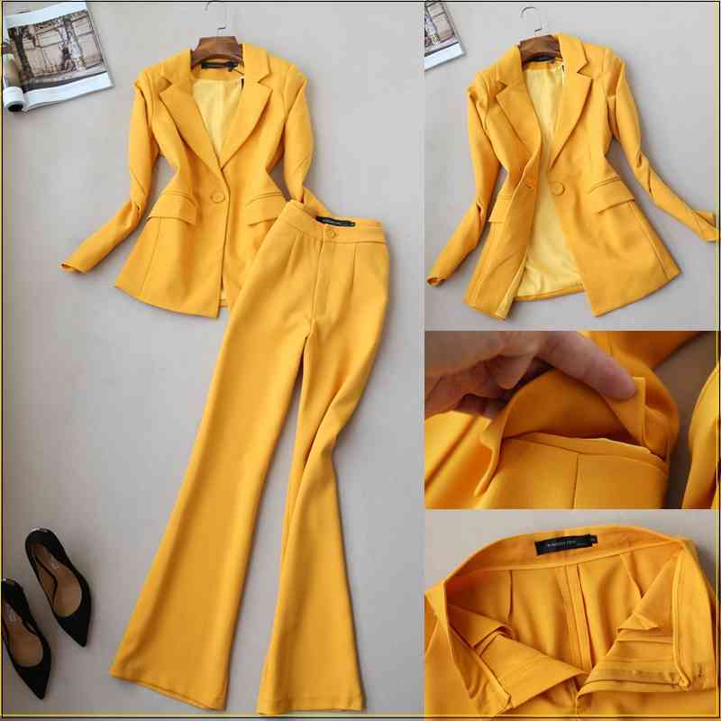 

High quality women's pants suit autumn and winter slim yellow jacket Casual elegant trumpet trousers Two-piece 210527