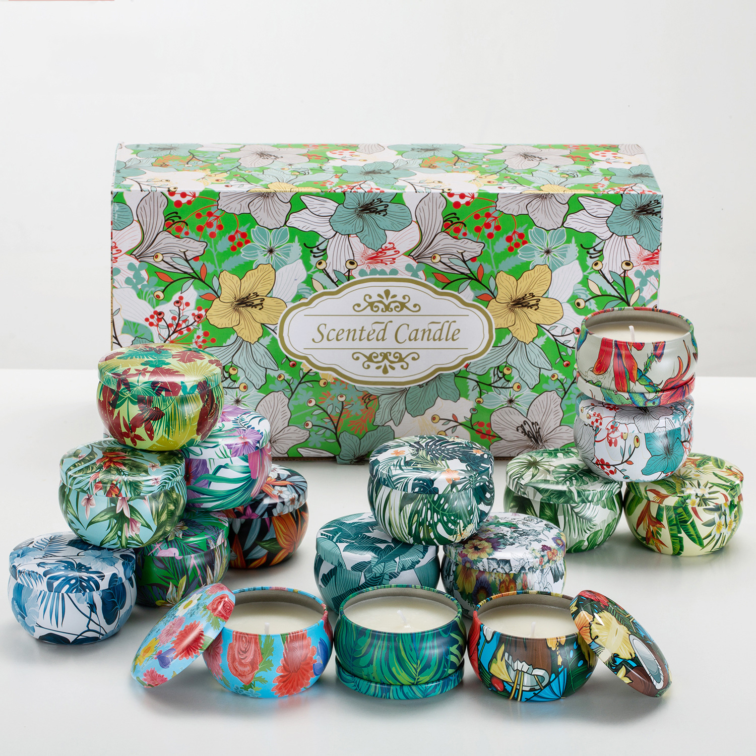 

Scented Candles Flowers Tin Can Fragrance Handmade Essential Oil Candle Natural Soy Wax Home Decoration Gifts Box Thanksgiving Day Gift 16Pcs/Pack TE0030