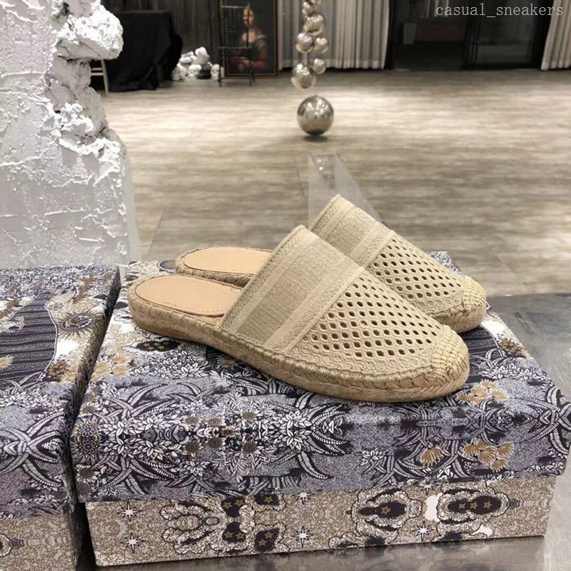 

Women Espadrille Mule Black White Nude Mesh Embroidery Slippers Womens Rope Sole Mules Fashion Flat Slide with box Casual Lady