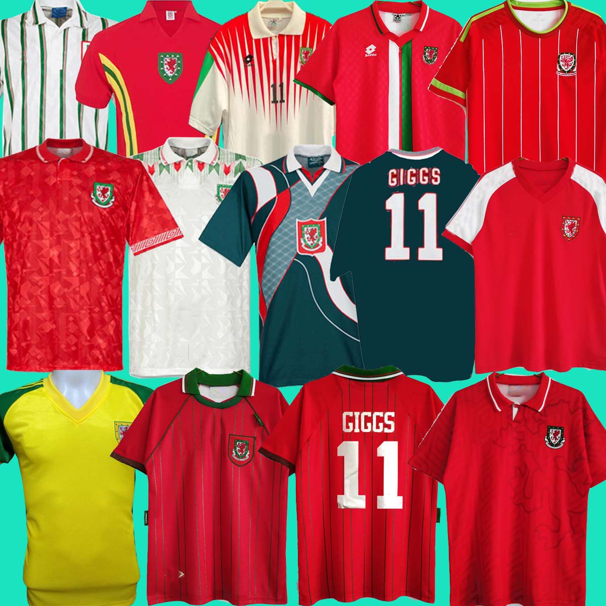 

1976 1983 1990 1993 Gales 1982 Wales retro soccer jersey 2015 2016 1992 1994 1995 1996 1998 Giggs Hughes AWAY Saunders Rush Boden Speed vintage classic football shirt, 90-92 home man