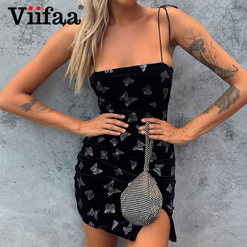 

viifaa tie spaghetti strap glitter butterfly velvet women party dress summer streetwear bodycon short split dresseshigh quality, Black;gray