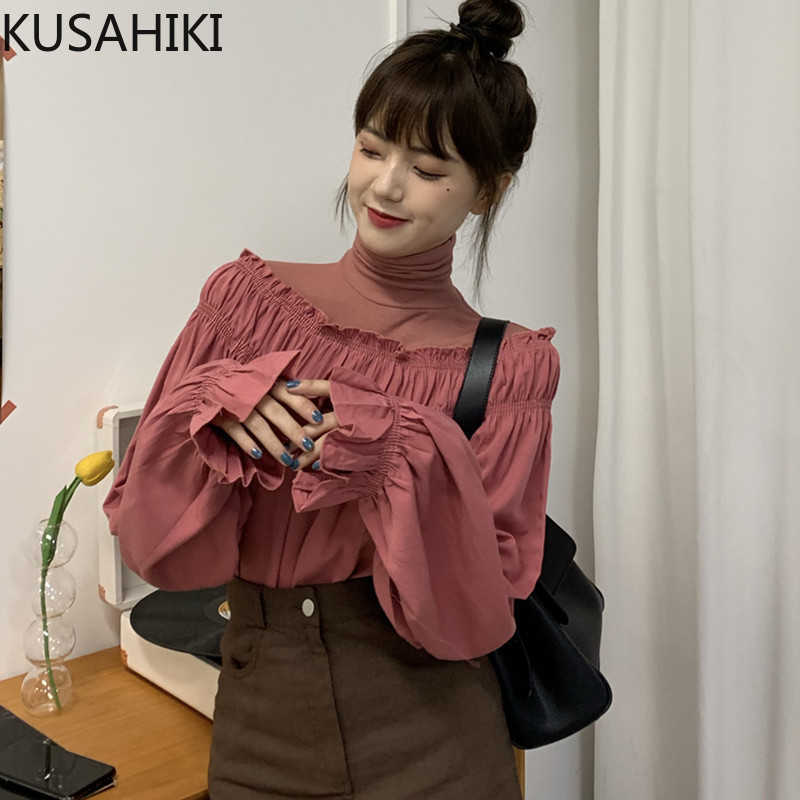 

KUSAHIKI Fake Two Pieces Women Tops Korean Patchwork Turtleneck Long Sleeve Blouse Spring Pullover Blusas Mujer 6E801 210602, Black