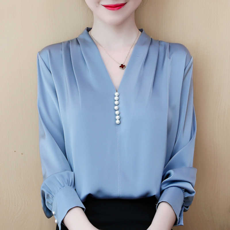 

Blusas Mujer De Moda Long Sleeve Chiffon Blouse Women Shirts Beading V-neck Office Ladies Tops Womens Tops And Blouses C373 210602, Red