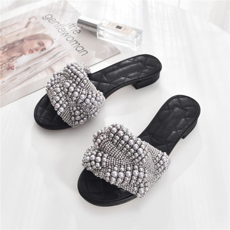 

Slippers Women String Bead Genuine Leather Woman Handwork Flat Sandal Ladies Pearl Summer Outdoor Beach Slides Casual Shoes, Black
