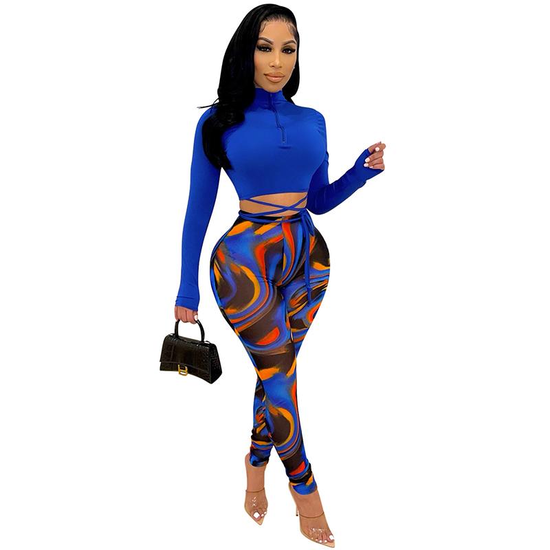 

Women' Two Piece Pants Woman Zipper Lace Up Long Sleeve Crop Top Print High Waist Pencil Leggings Sexy Bodycon Matching 2 Sets Party Club O, Blue
