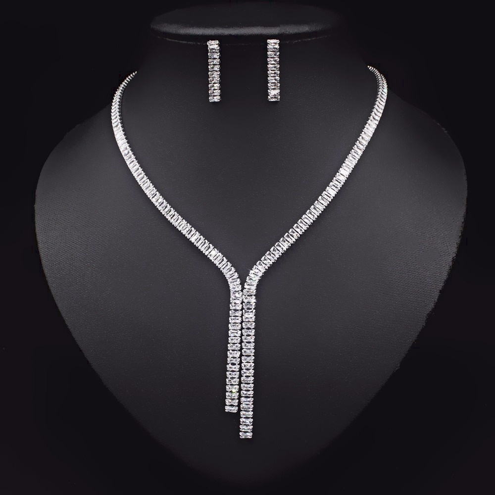 

2021 Cubic Zirconia Long Necklace Earrings Sets for Brides Wedding Jewelry Accessories Jolleria Mujer De Oro For Women, Gold-color