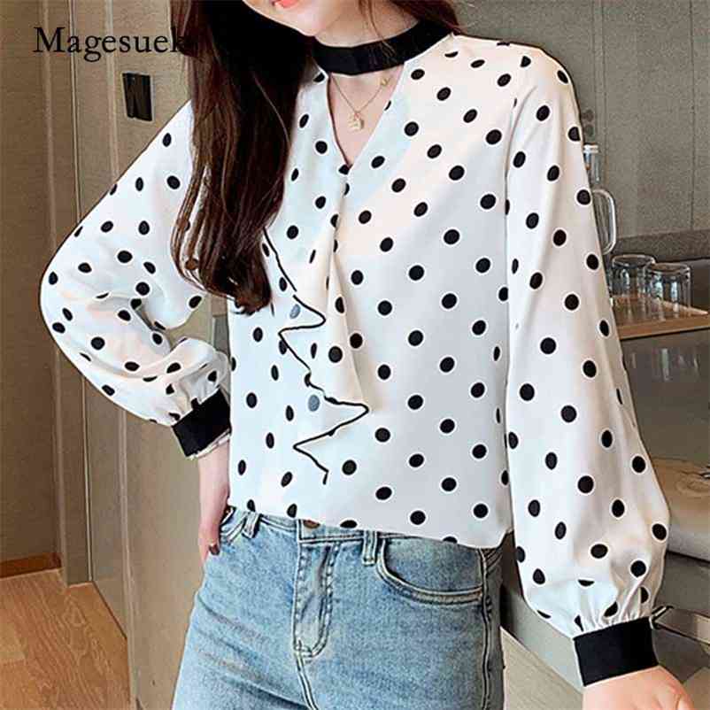 

Autumn Fashion Hollow Ruffles Women' Blouse Long Sleeve Women Tops Polka Dot Print Chiffon Shirts Blusas Mujer 10700 210518, White