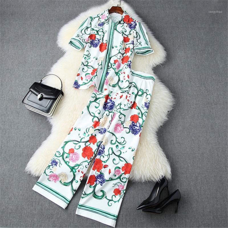 

Women' Tracksuits 2021 Summer Women Catwalk Suit Fashion Designers Lady Two Piece Outfits Short Sleeve Blouse And Pants Matching Sets, As pictures
