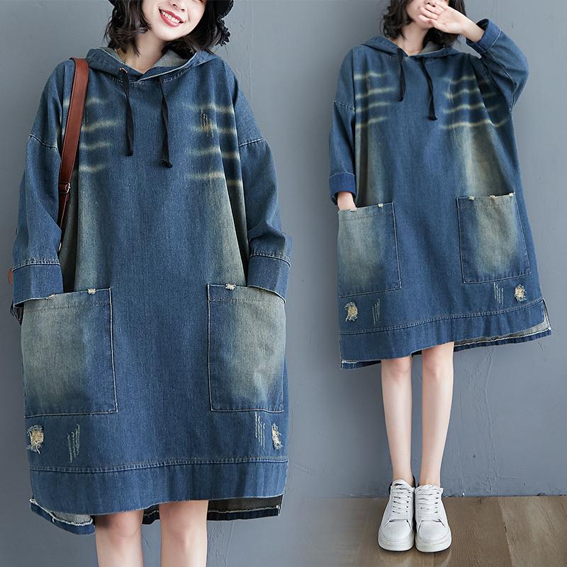 

Casual Dresses Oversized Denim Dress Vintage Loose Double Big Pocket Hoody Vestidos Spring Autumn 2021 Mid-length Ripped Jeans Female Clothe, Black;gray