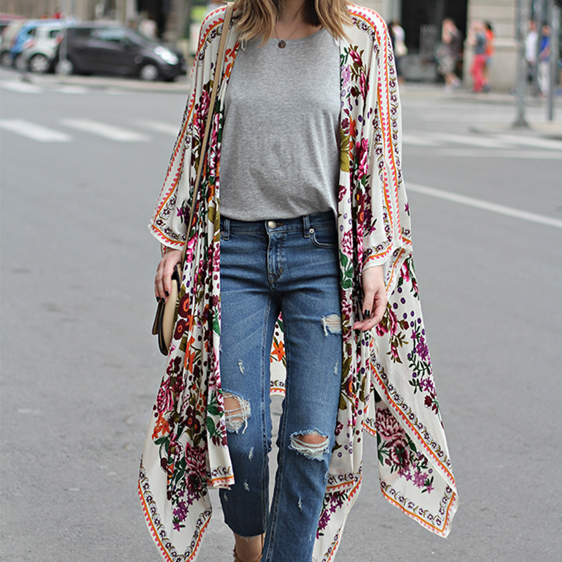 

2021 summer Chiffon cardigan women's top printed sunscreen shirt beach blouse shawl, Contrast color