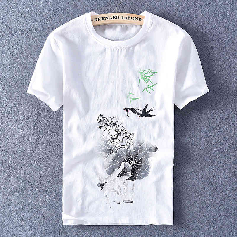 

t shirt small fresh cotton linen short sleeve summer loose white round neck printing men's, White;black