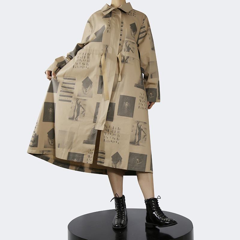 

Women's Trench Coats Ladies Coat Autumn And Winter Print Zipper Front Retro European American Leisure Loose Long, Tan;black