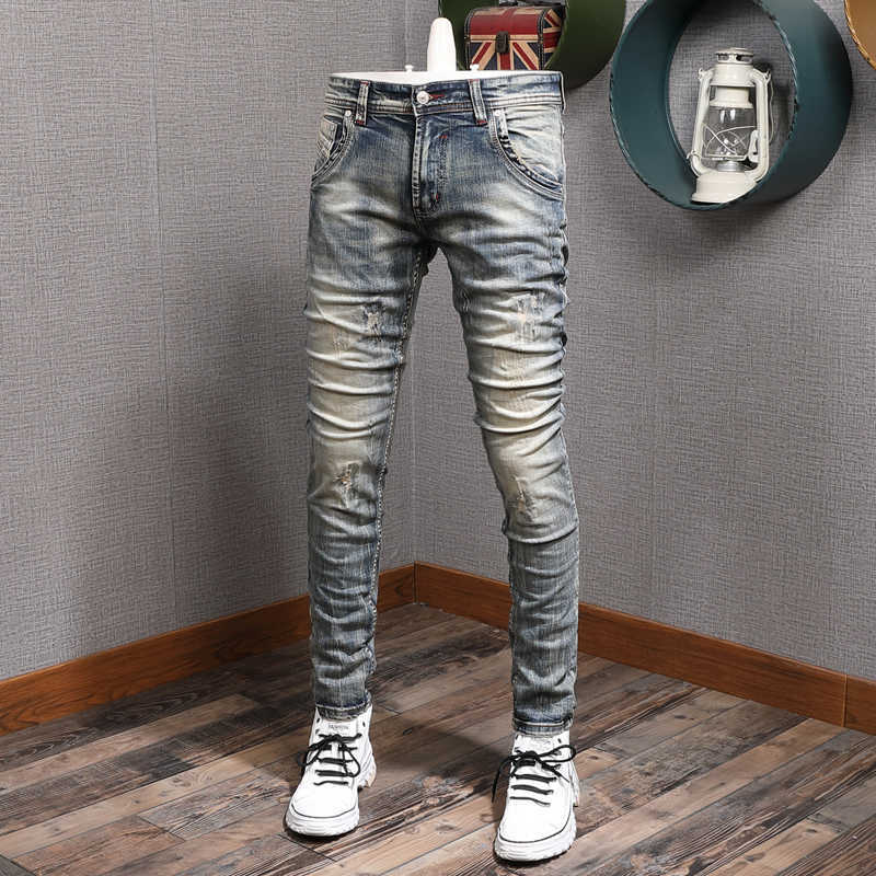 

Italian Style Fashion Men Jeans High Quality Retro Wash Slim Fit Ripped Cotton Denim Pants Streetwear Vintage Designer Trousers BN1J, Retro blue