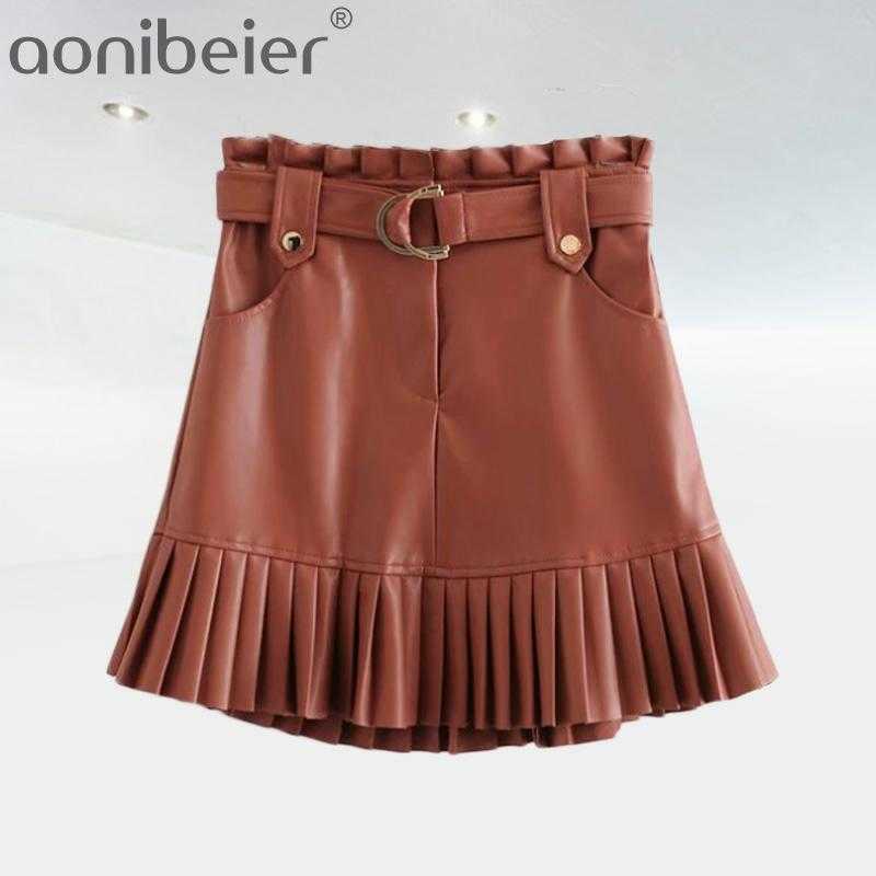 

Women Chic PU Leather Pleated Ruffles Tie Belt Waist Pocket Skirt Zipper Fly Ladies Elegnt Mini Skirts Jupe Femme 210604, Brown