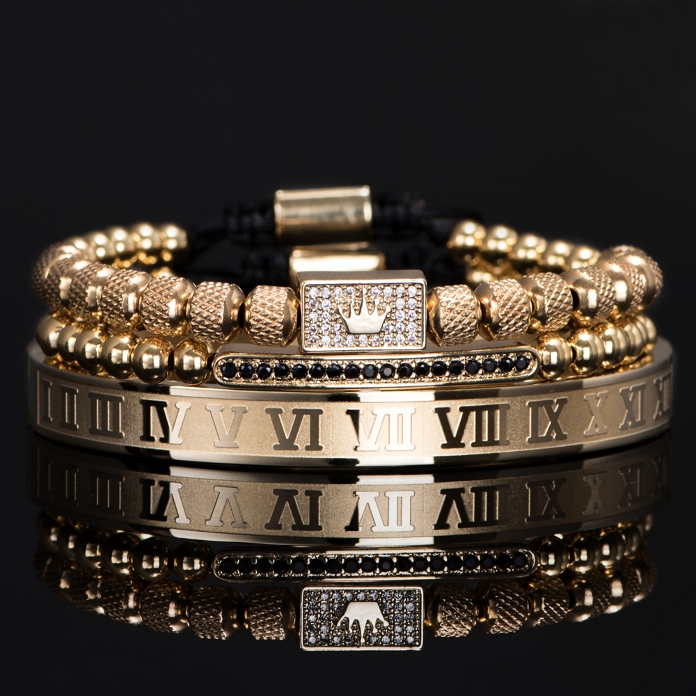 

3pcs/Set Luxury Gold Royal King Crown Men Bracelets Roman Numeral Bracelet Unique Design Braided Adjustable Bangle Pulseira