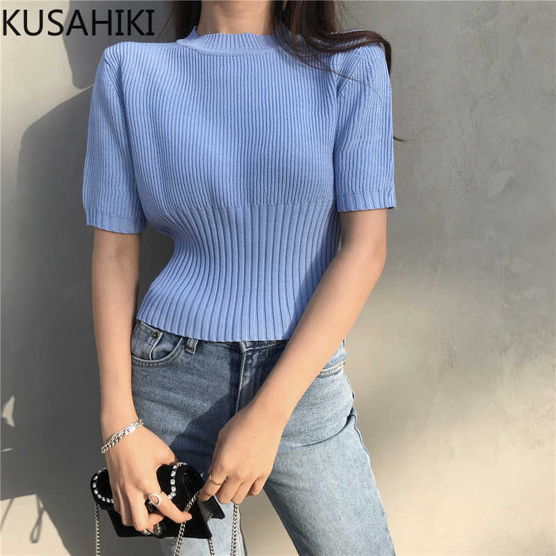 

KUSAHIKI Puff Short Sleeve Women Knitted T Shirts Korean Solid Slim Short Graphic Tees Elegant Solid Spring Tshirt 6F154 210602, Green