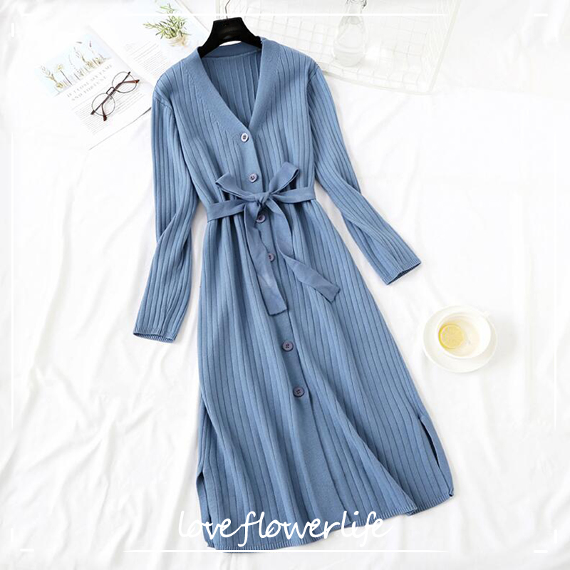 

Knitted Dress Autumn Winter Vintage Long Sleeve V-neck Women Sweater Dresses Single-breasted Belt Casual Plus Size Dress 210521, Khaki