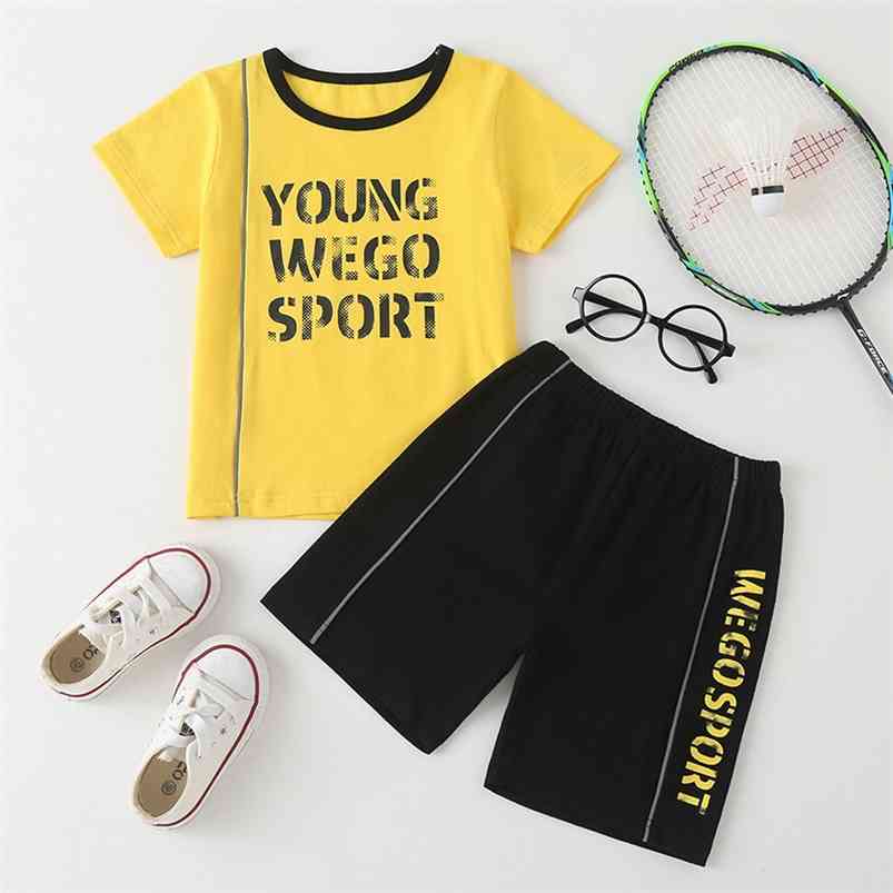 

Summer Children Sets Casual Short Sleeve O Neck Letter T-shirt Black Shorts Cute 2Pcs Girls Boys Clothes Set 18M-6T 210629, Yellow
