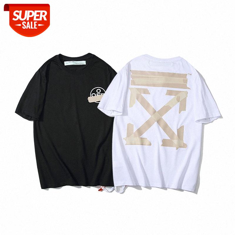 

OW yellow tape arrow cordon short-sleeved T-shirt summer #Cs6G, White;black