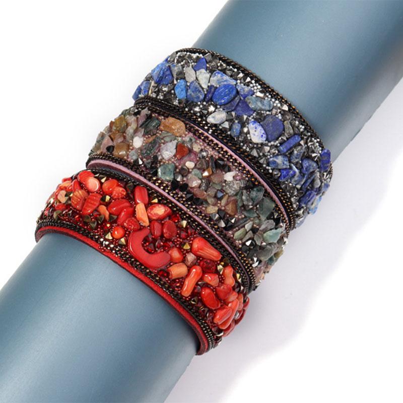 

Charm Bracelets Fashion Jewelry Irregular Chips Stone Bracelet For Women Christmas Gifts Bohemian Style Leather 23cm, Golden;silver
