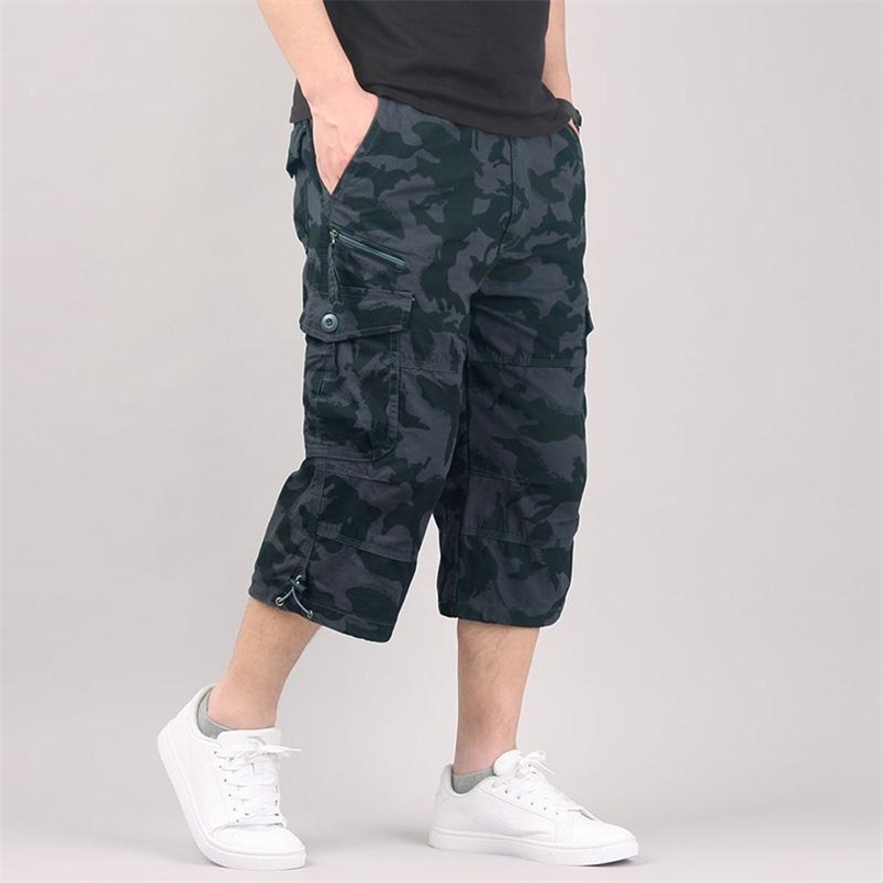 

Long Length Cargo Shorts Men Summer Casual Cotton Multi Pockets Breeches Cropped Trousers Military Camouflage 5XL 210629, Black