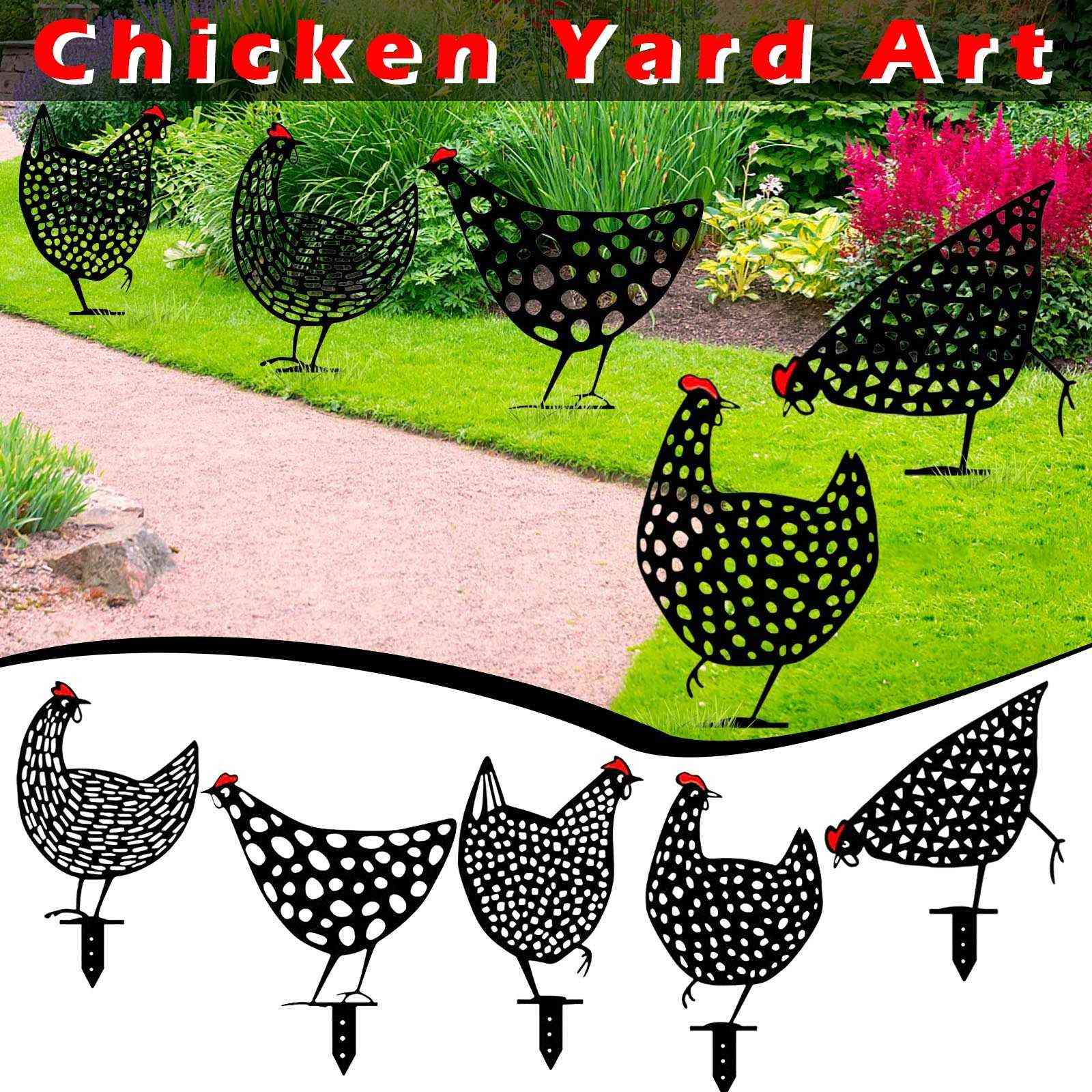

5 Pcs Black Chicken Yard Art Outdoor Garden Backyard Lawn Stakes Metal Hen Yard Decor Gift 13.77x11.81 Inch Q0525