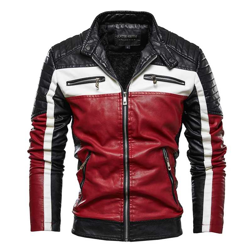 

Autumn/Winter Men's Jacket Zip Trim Leather Jacket Men Padded Warmth Men's Coat Casual Stand Collar Men's Biker Jacket KH08 211111, 9008 black red