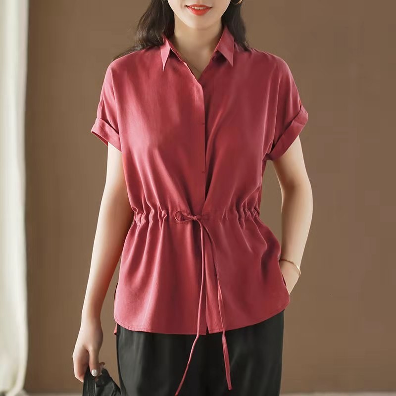 

Women's Blouses & Shirts Arrival Summer Korean Style Women Short Sleeve Turn-down Collar Blouse Covered Button Slim Drawstring Cas, Pink