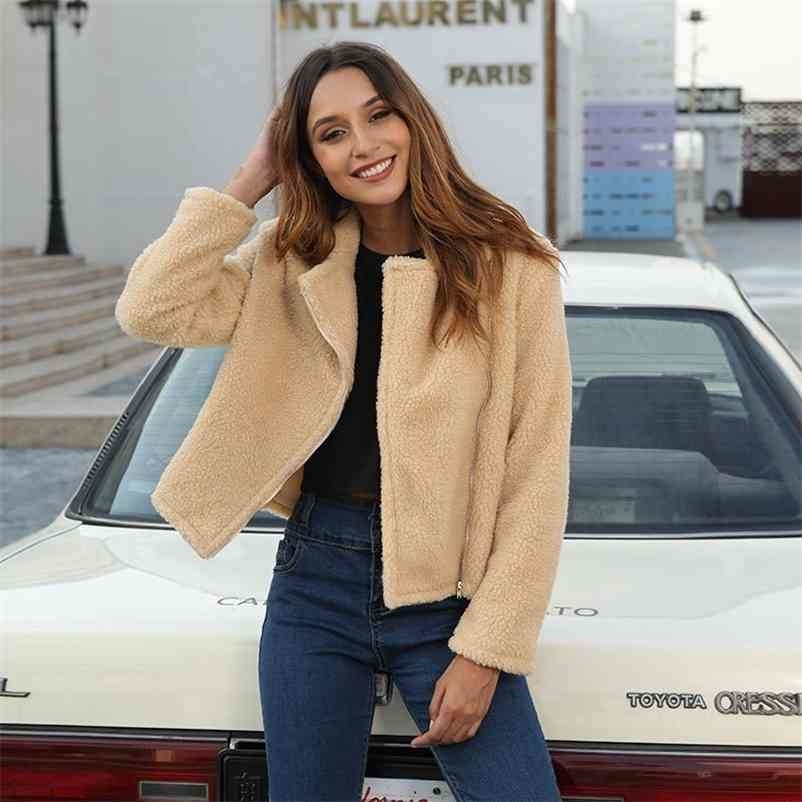 

Paris Girl Winter Thicken Warm Teddy Fur Jacket Coat Women Casual Fashion Lamb Faux Overcoat Fluffy Long Sleeve Zipper Top 210524, Khaki