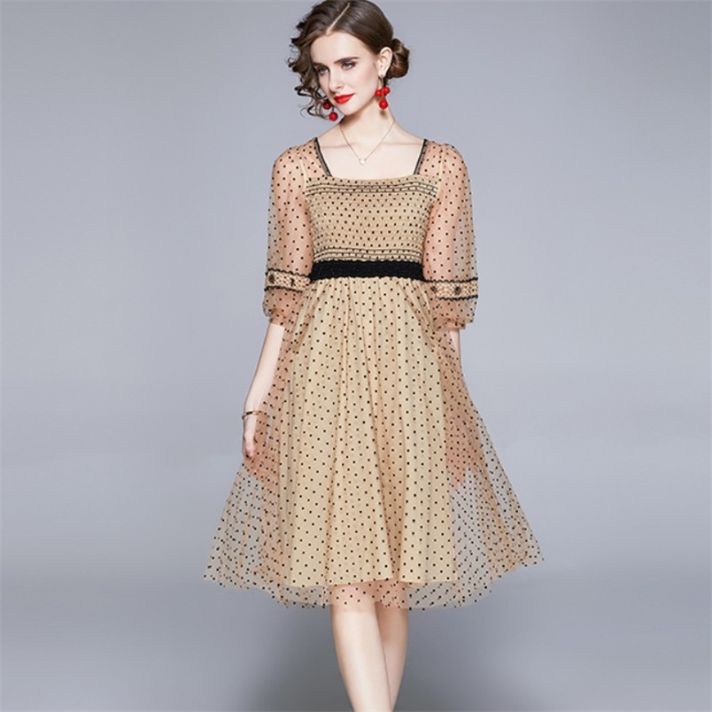 

French Vintage Midi Dress Women Puffer Sleeve Square Collor Office Elegant Female Korean Spring Dot Casual 210519, Photo color