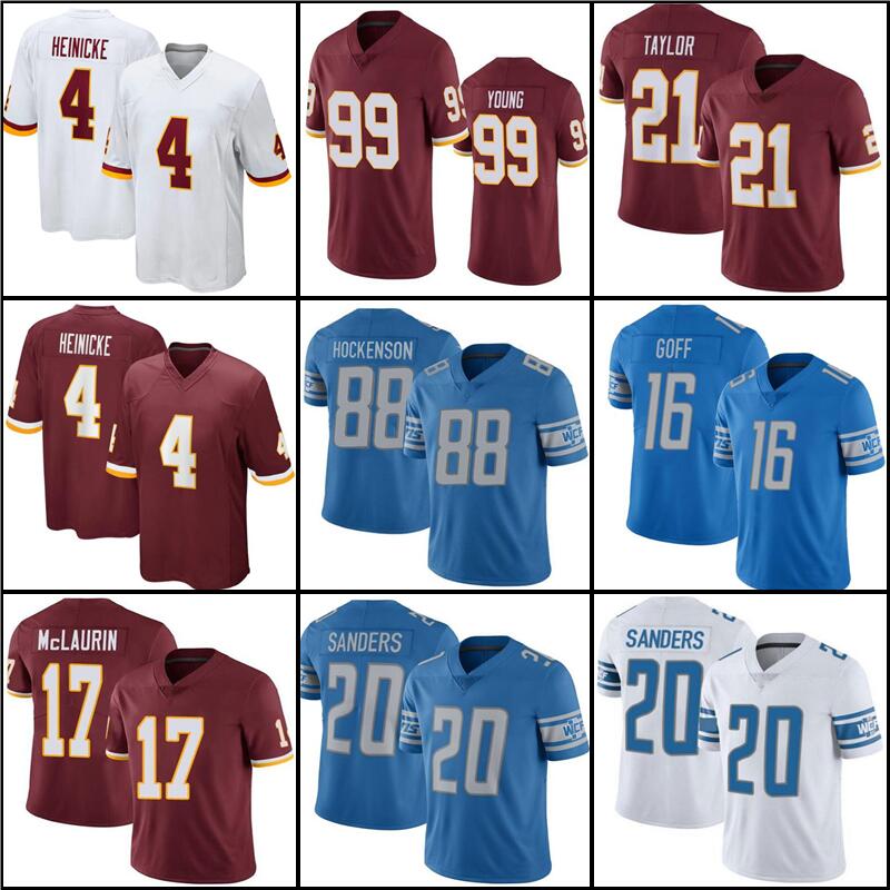 

4 Taylor Heinicke 99 Chase Young 16 Jared Goff Football jersey 17 Terry McLaurin 21 Sean Barry Sanders 20 Landon Collins 88 T.J. Hockenson, Men jersey