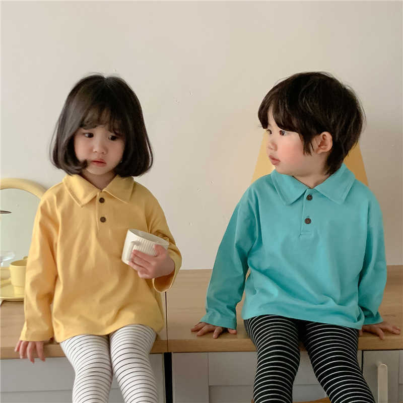 

Boys and girls solid color turn-down collar t shirts children long sleeve casual Tops Clothing Spring 210615, Beige