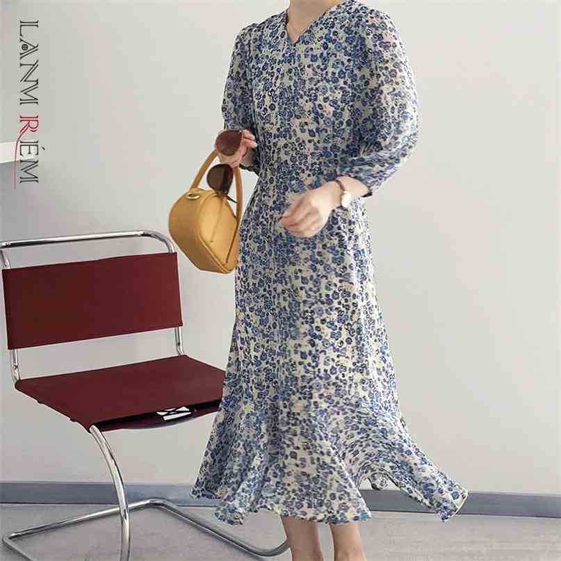 

Blue Fishtail Floral Dress Women's Summer Medium Length V-neck High Wait Long Sleeve Female Vintage Dresses 2D3864 210526