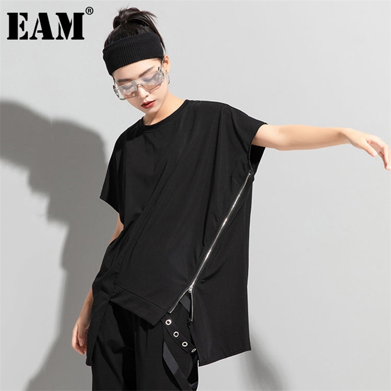 

[EAM] Women Black Big Size Casual Irregular Zipper T-shirt Round Neck Short Sleeve Fashion Spring Summer 1DD8098 210708