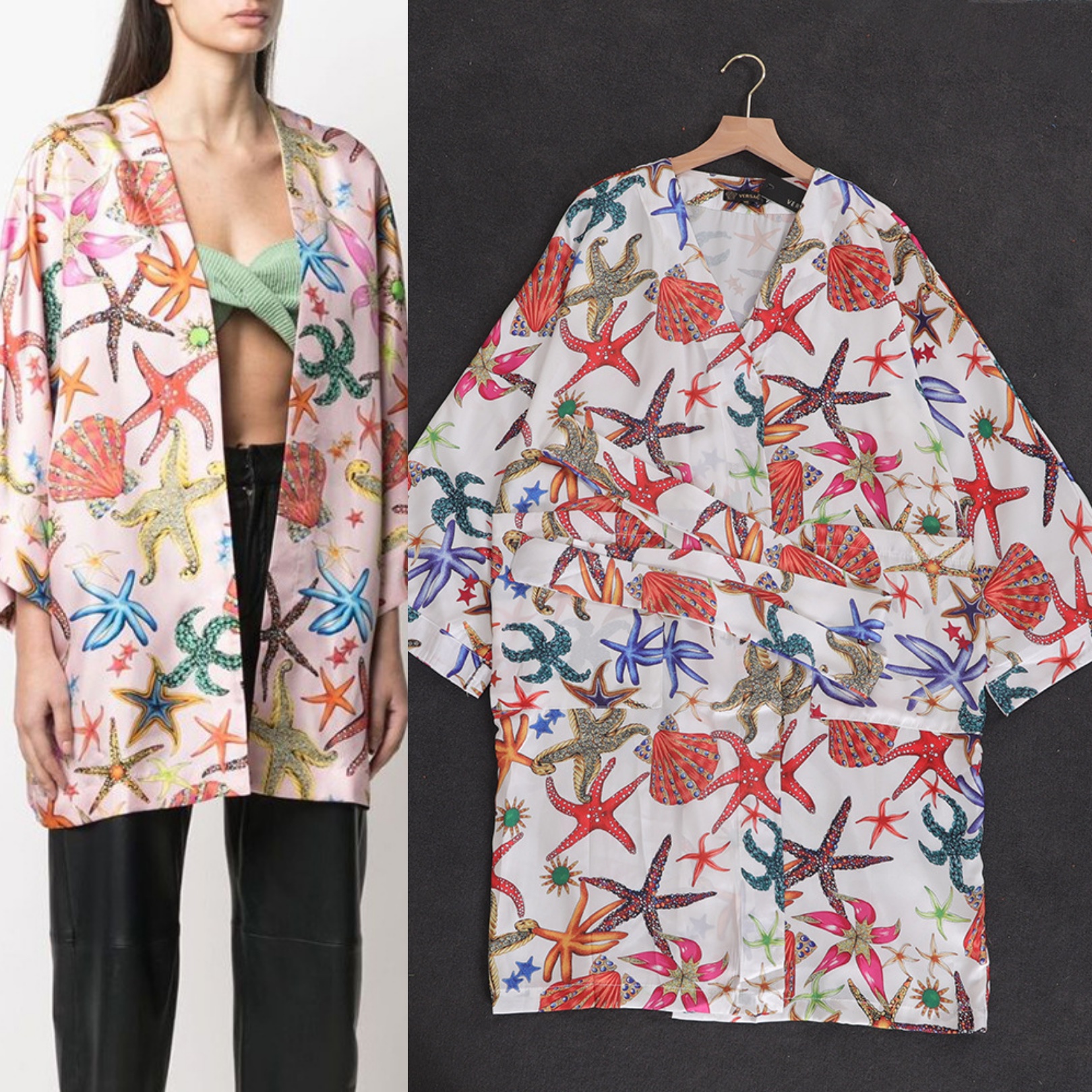 

Baroque starfish print loose long shirt robe, Face and letters short style