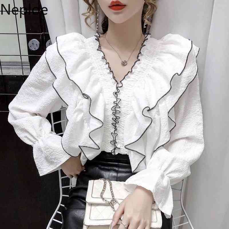 Neploe Mujer Tops Fashion Sweet Ruffles V-neck Blouses Women Chiffon Shirts Flare Sleeve White Blouse Elegant Blusas Plus Size 210422
