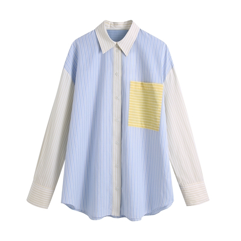 

Women's style college long sleeve pocket stitching striped poplin shirt 210525, Beige