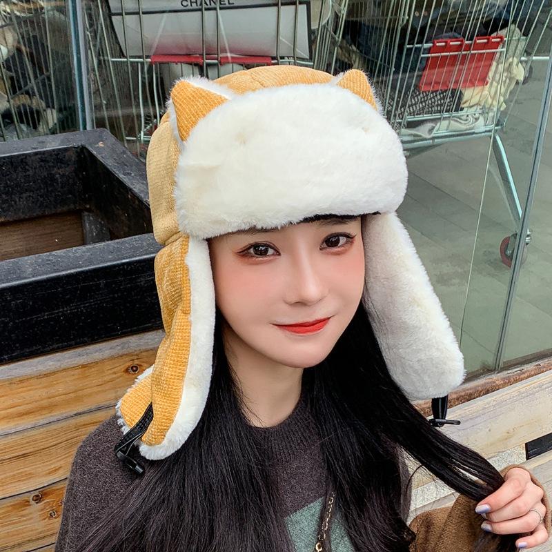 

Berets Kawaii Hats Women Lei Feng Cap Cute Cat Ears Cartoon Plush Hat Winter Keep Warm Windproof Earflap Snow Caps For Teenager Girls, Black