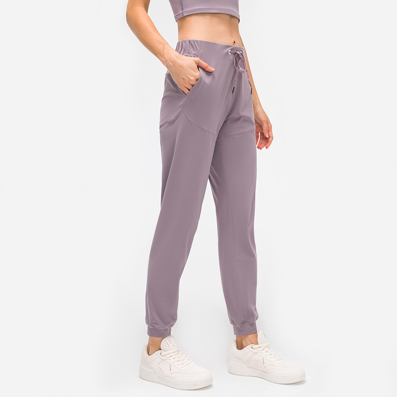 

L04T Women Sanding Elasticity Yoga Pants Casual Outfit Cinchable Drawcord Running Sweatpants Binding Feet Loose Sportswear With Pockets Sports Fitness Wear, Black