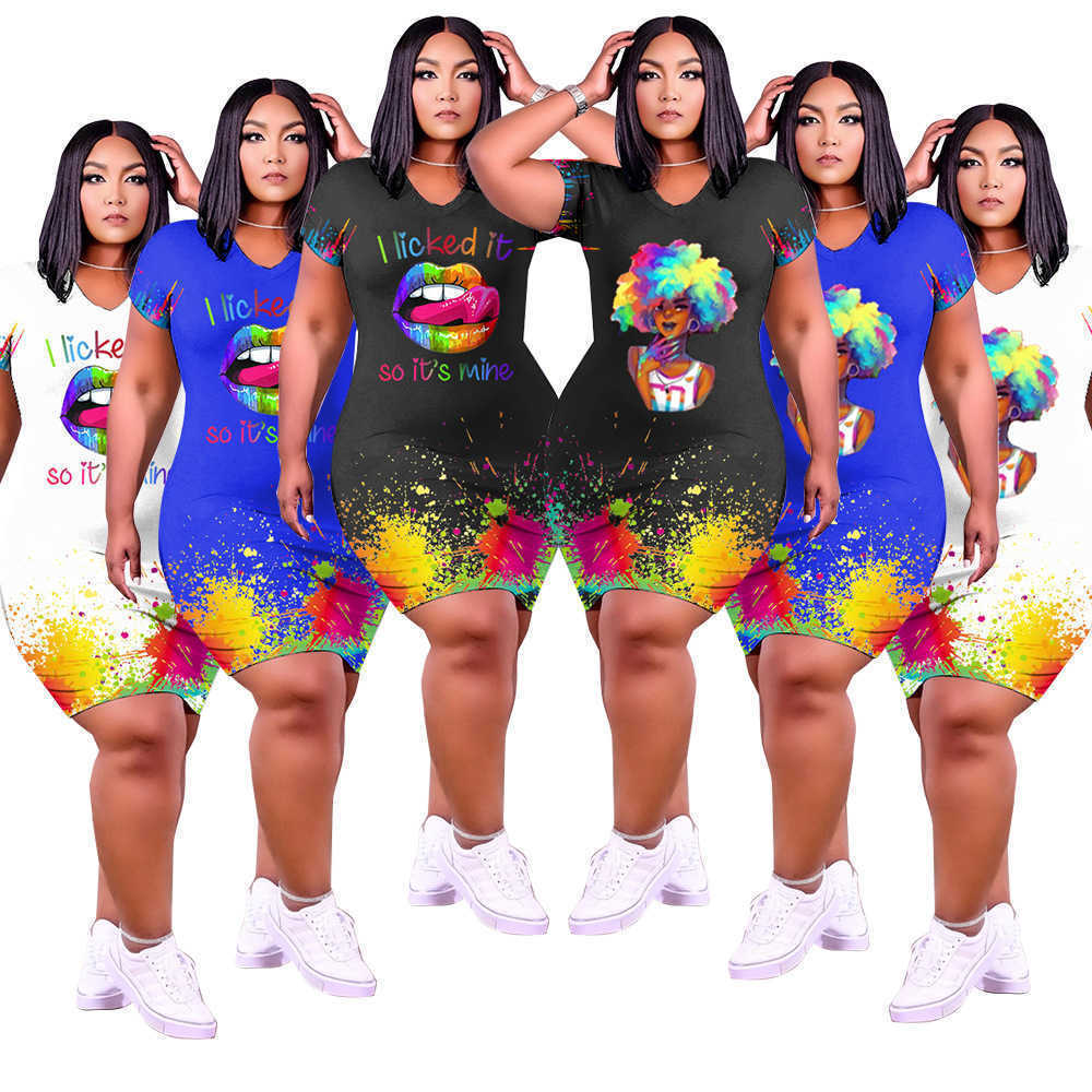 

2021 Designers Women Summer Midi Dresses Fashion Lip Ink Splashing Printing Short Sleeve One Piece Dress Plus Size Womens Clothing -5XL, Extra shipping fee