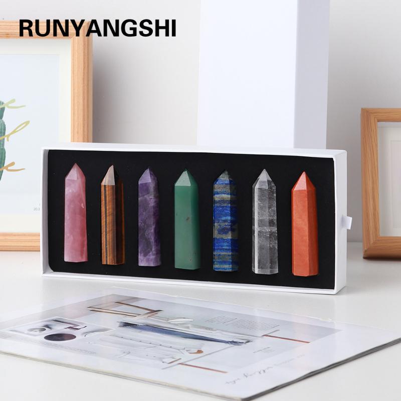 

Natural Crystal Quartz 7 Chakra Pillar Energy Gemstone Point 7-color Column Tower Exquisite Gift Box Set Decorative Objects & Figurines