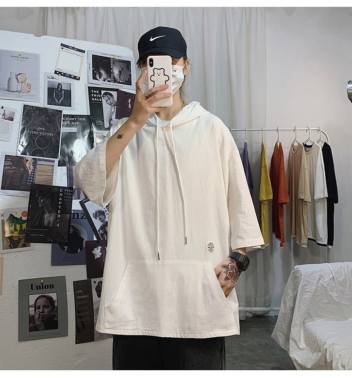 

Mens Designer T Shirts Regular Length with Hooded Tees Pure Color Half Sleeve Clothing Mens Casual Tops, White;black