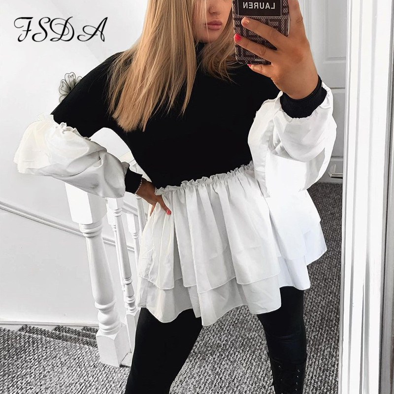 

20212021 turtleneck long puff sleeve dress mini a line ruffles women casual patchwork club black autumn winter party dresses, Black;gray