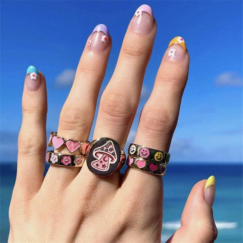 Wedding Rings Luokey Creative Girls Fashion Cute Enamel Mushroom Geometric Personality Thick Gold For Women Trendy Jewelry-image-711304926