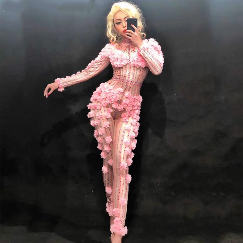 

Women' Jumpsuits & Rompers Sexy Pink Flower Crystals Dj Long Sleeve Bodysuit Women Costume Jumpsuit Celebrate Party Wear Singer Stage Perfo