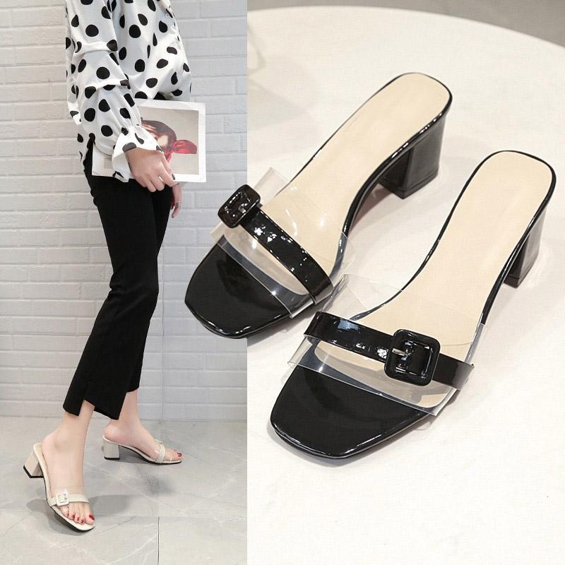 

Dress Shoes Sexy Women Sandals Celebrity Wearing Simple Style PVC Clear Strappy Buckle High Heels Woman Transparent Heel Black White B