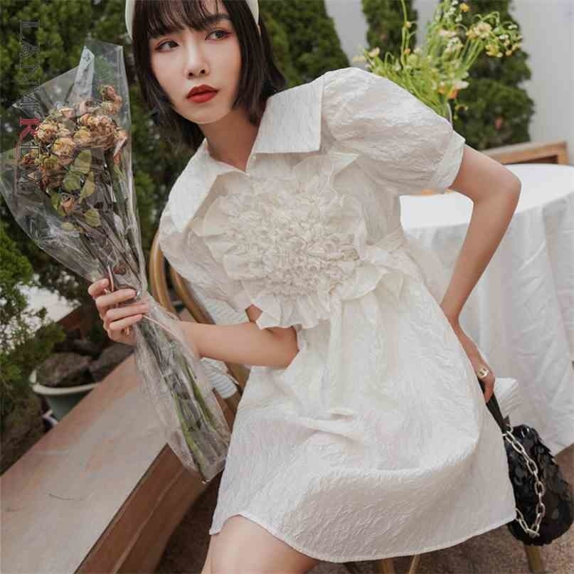 

Women Bubble Sleeve Lapel Knee-Length Short Dress Temperament Loose Fit Fashion Summer 2H279 210526, White