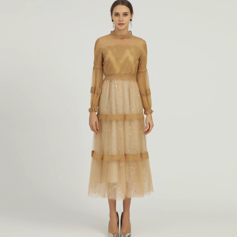 

Women's Runway Dress Stand Collar Long Sleeves Patchwork Sequined Embroidery Fashion Designer Prom Dresses, Khaki